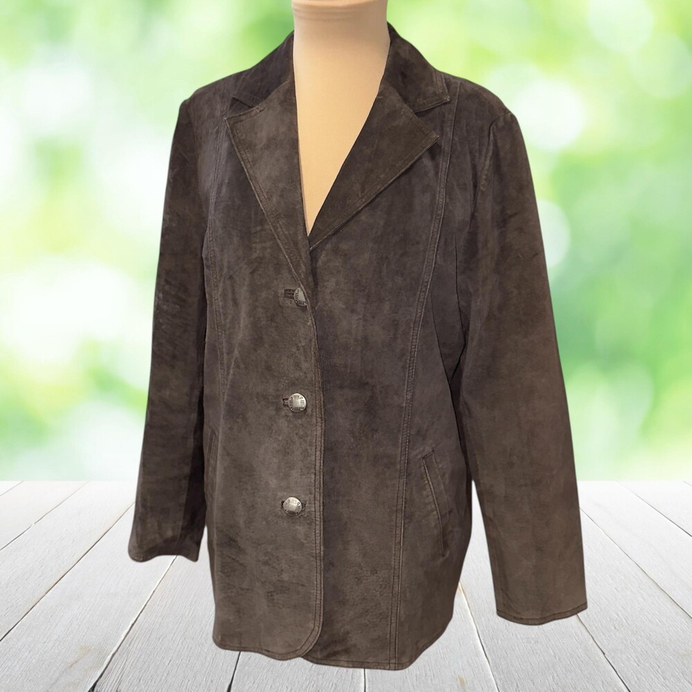 Vintage CHICOS DESIGN Suede Leather Blazer Metal Buttons Pockets Brown Sz 1 (M)
